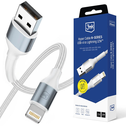 Datový a nabíjecí kabel USB-A - Lightning 3MK Hyper N, 12W, 2m, Bílý