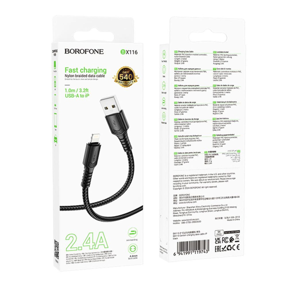 Datový a nabíjecí kabel USB-A - Lightning Borofone BX116 Certain, 18W, 1m, černý