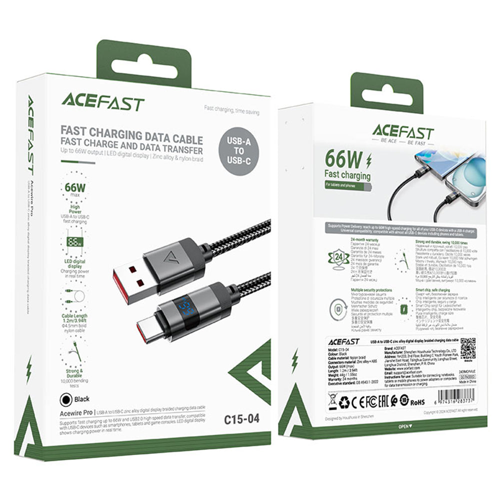 Datový a nabíjecí kabel USB-A - USB-C Acefast C15-04 Display, 66W, 1.2m, černý