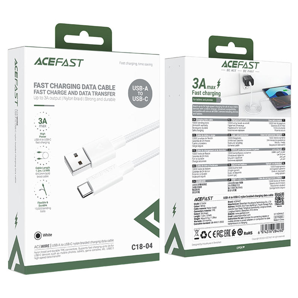 Datový a nabíjecí kabel USB-A - USB-C Acefast C18-04, 18W, 1.2m, bílý