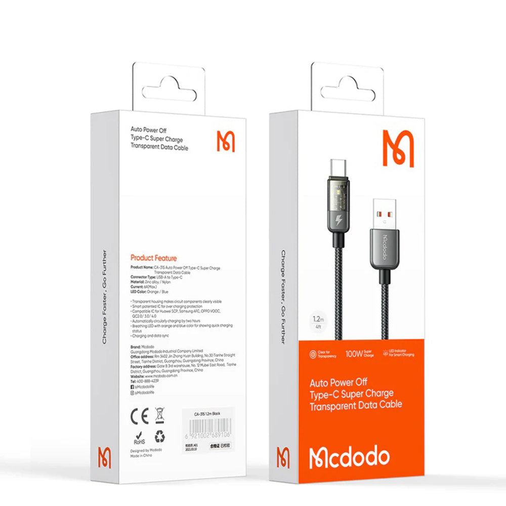 Datový a nabíjecí kabel USB-A - USB-C McDodo CA-3150 Auto Power Off, 100W, 1.2m, černý