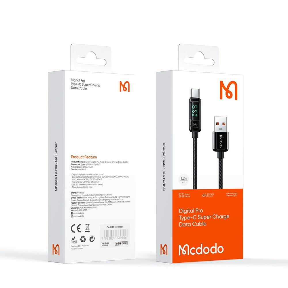 Datový a nabíjecí kabel USB-A - USB-C McDodo CA-8690 Display, 66W, 1.2m, černý