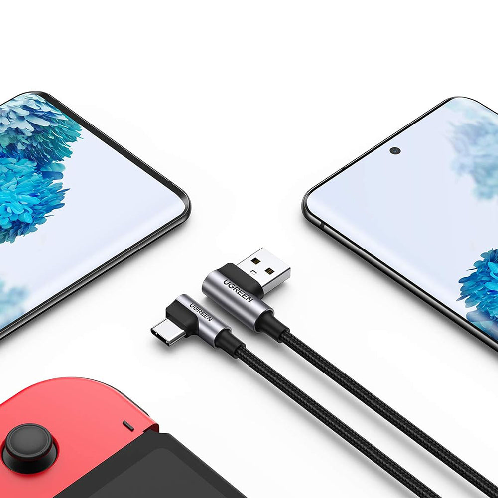 Datový a nabíjecí kabel USB-A - USB-C UGREEN US176 Angled, 18W, 3m, šedý