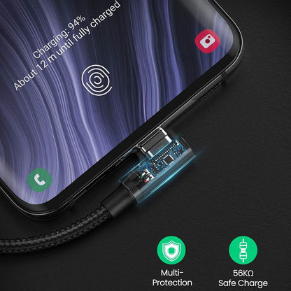 Datový a nabíjecí kabel USB-A - USB-C UGREEN US176 Angled, 18W, 3m, šedý