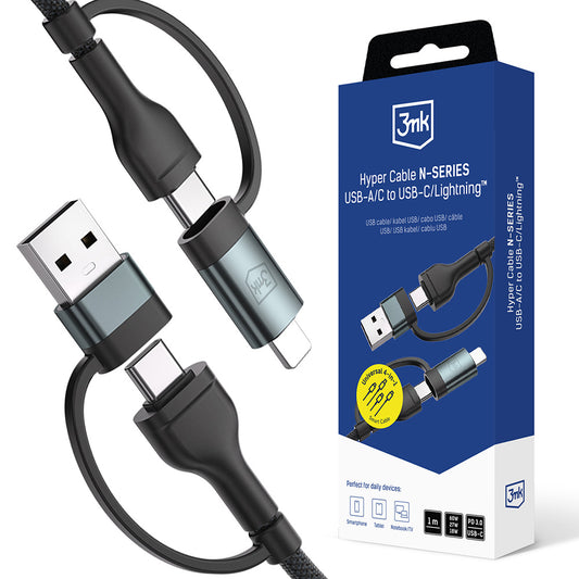 Datový a nabíjecí kabel USB-A / USB-C - USB-C / Lightning 3MK Hyper N, 60W, 1.2m, černý