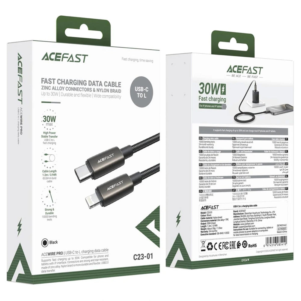Datový a nabíjecí kabel USB-C - Lightning Acefast C23-01, 30W, 1.2m, Černý.