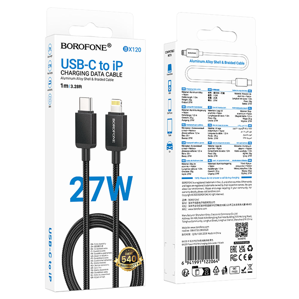Datový a nabíjecí kabel USB-C - Lightning Borofone BX120 Placer, 27W, 1m, Černý
