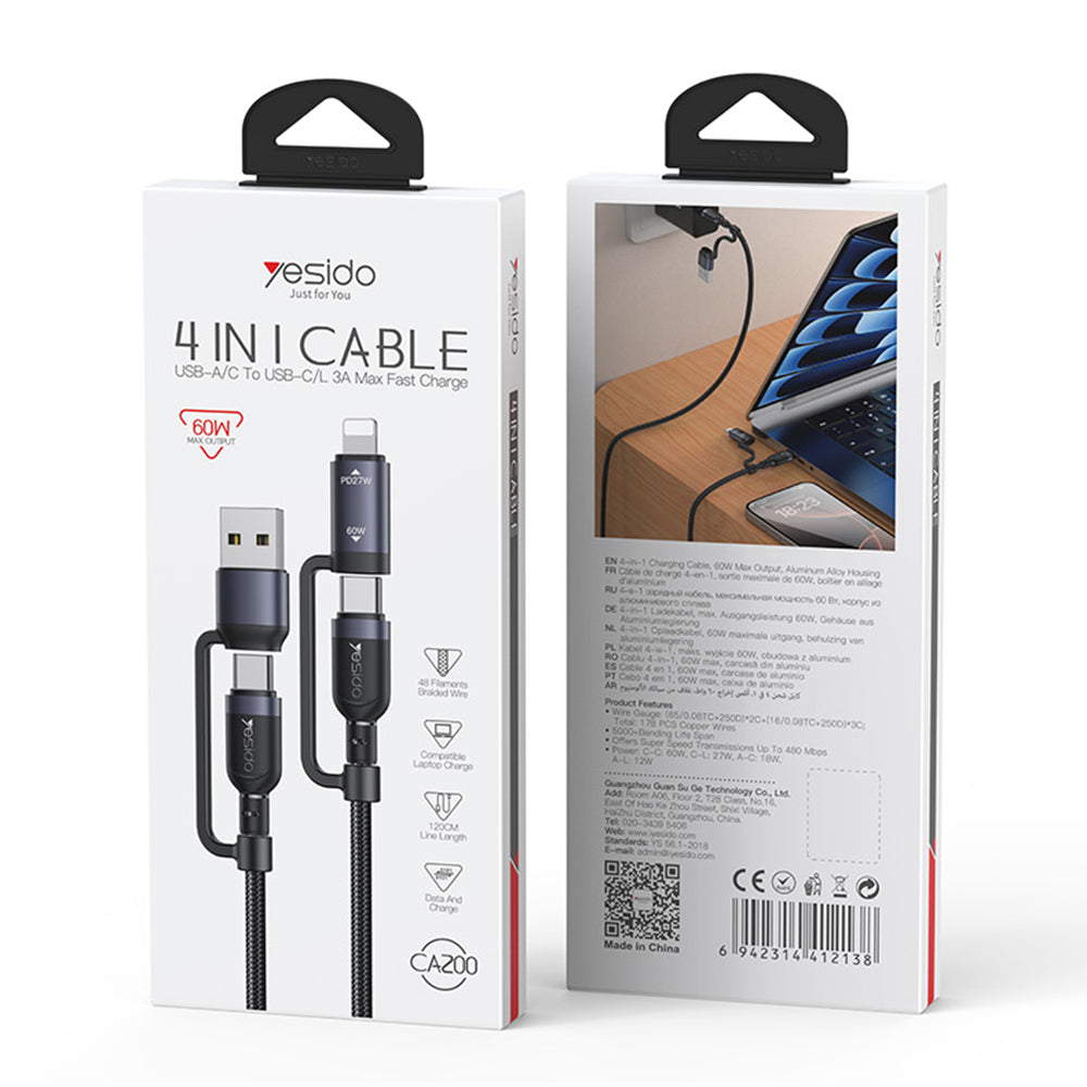 Datový a nabíjecí kabel USB-C / USB-A - USB-C / Lightning Yesido CA200, 60W, 1,2m, černý