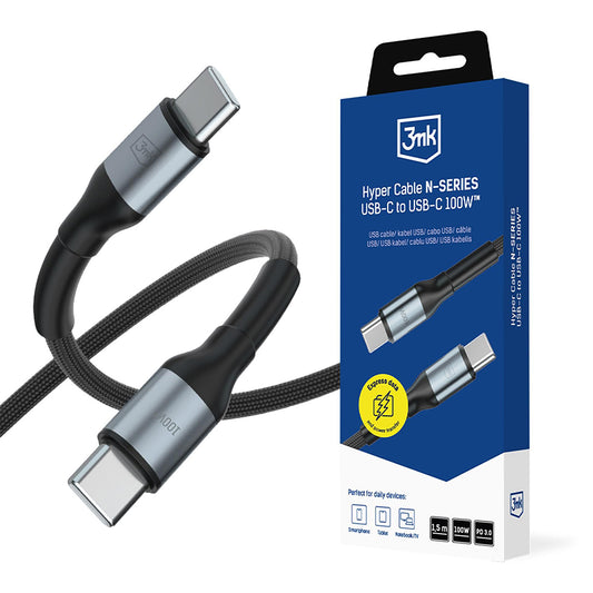 Datový a nabíjecí kabel USB-C - USB-C 3MK Hyper N, 100W, 1,5m, černý