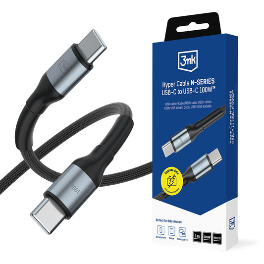 Datový a nabíjecí kabel USB-C - USB-C 3MK Hyper N, 100W, 3m, černý