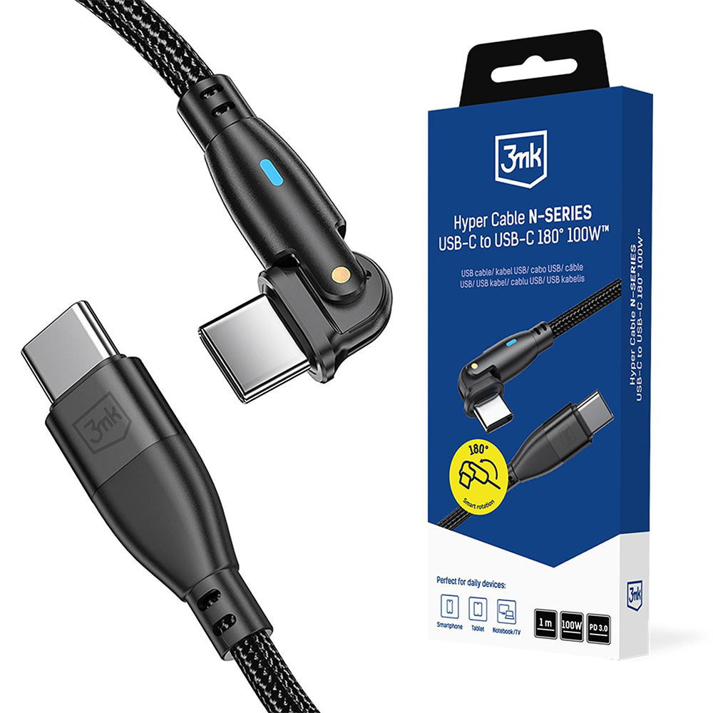 Datový a nabíjecí kabel USB-C - USB-C 3MK Hyper N úhlový, 100W, 1m, černý