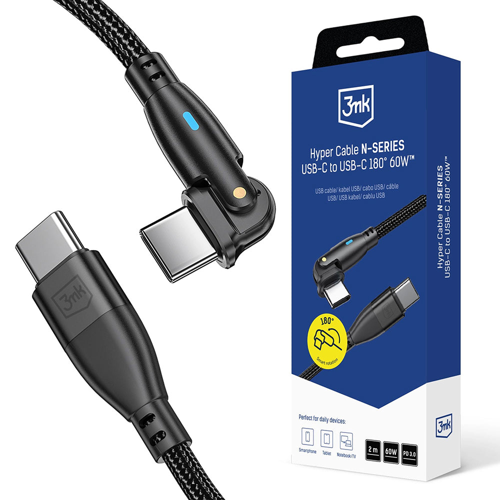 Kabel pro data a nabíjení USB-C - USB-C 3MK Hyper N Angled, 60W, 2m, černý