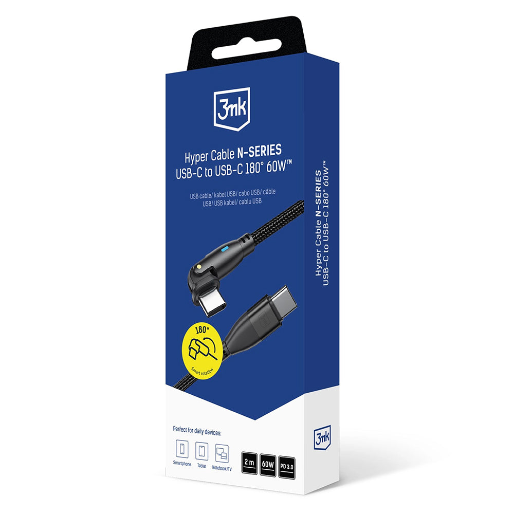 Kabel pro data a nabíjení USB-C - USB-C 3MK Hyper N Angled, 60W, 2m, černý