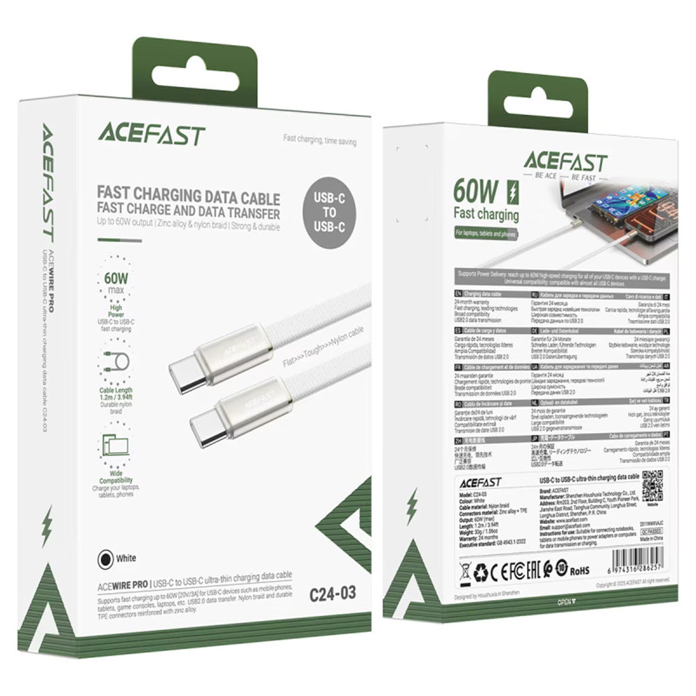 Datový a nabíjecí kabel USB-C - USB-C Acefast C24-03, 60W, 1.2m, Bílý