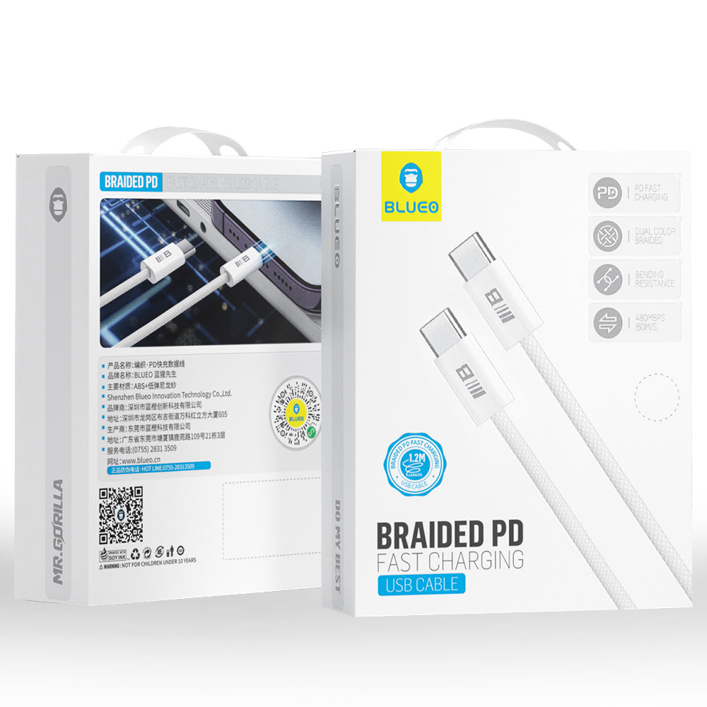 Kabel pro data a nabíjení USB-C - USB-C Blueo, 100W, 1.2m, bílý