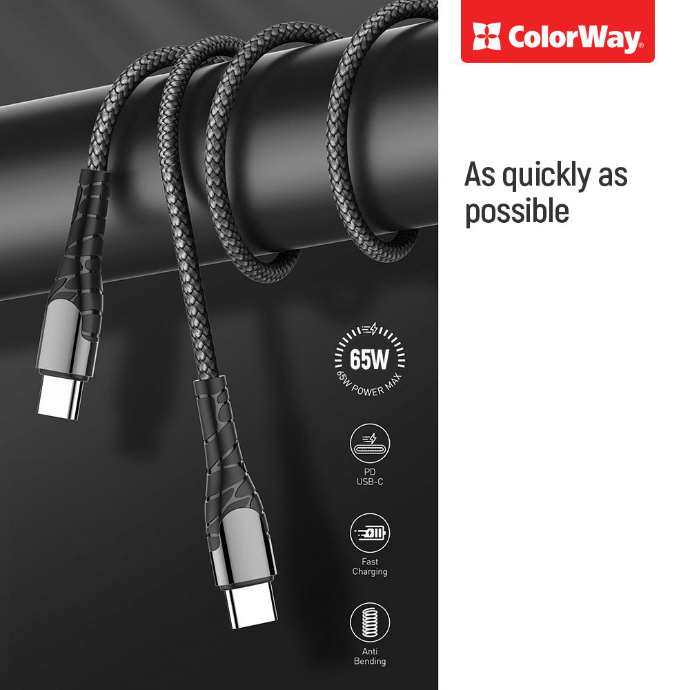 Datový a nabíjecí kabel USB-C - USB-C ColorWay CW-CBPDCC040, 65W, 1m, šedý