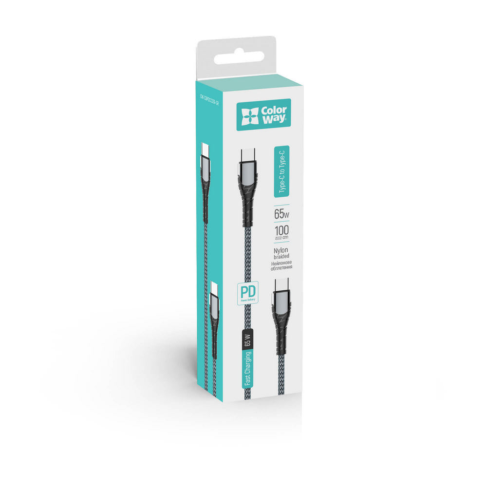 Datový a nabíjecí kabel USB-C - USB-C ColorWay CW-CBPDCC040, 65W, 1m, šedý