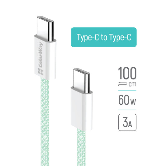 Datový a nabíjecí kabel USB-C - USB-C ColorWay CW-CBPDCC061, 60W, 1m, zelený.