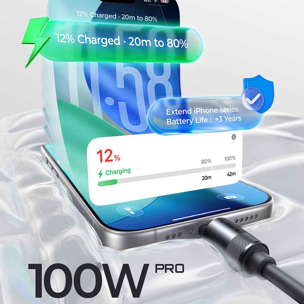 Datový a nabíjecí kabel USB-C - USB-C Lisen L115, 100W, 3m, šedý YL0126010031