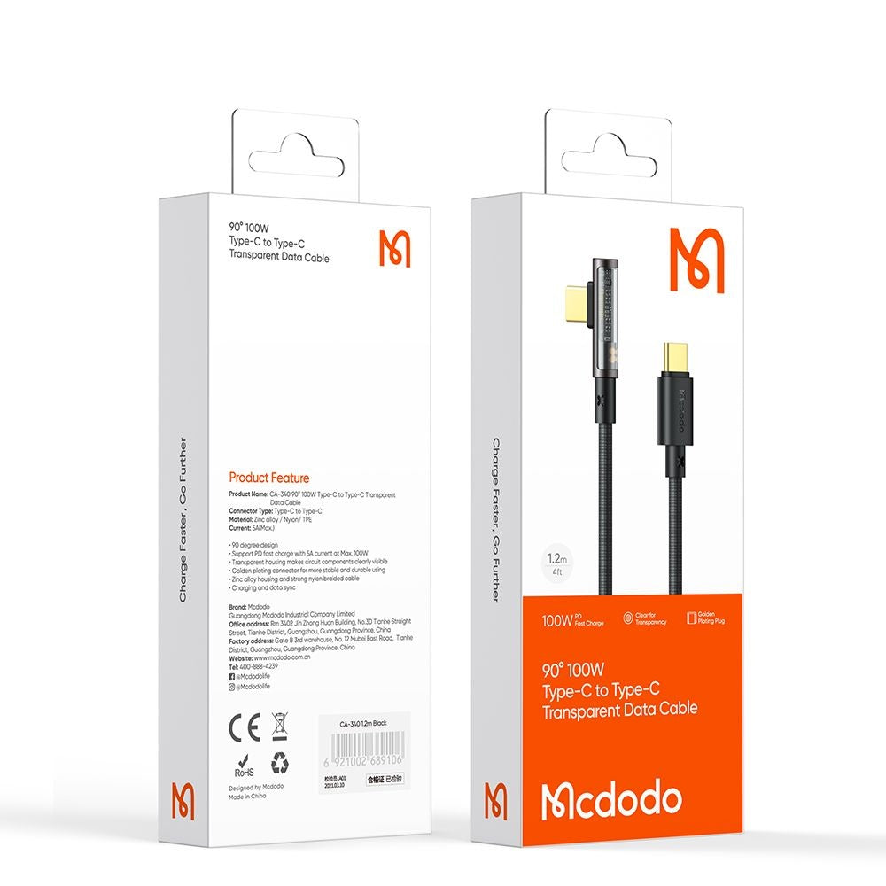 Datový a nabíjecí kabel USB-C - USB-C McDodo CA-3400 Angled, 100W, 1.2m, Černý