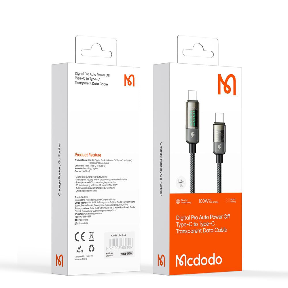 Datový a nabíjecí kabel USB-C - USB-C McDodo CA-3610 s displejem a funkcí automatického vypnutí, 100W, 1.2m, černý.