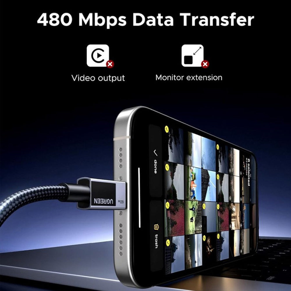 Datový a nabíjecí kabel USB-C - USB-C UGREEN L524, 60W, 1m, šedý