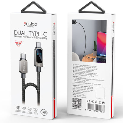 Kabel pro data a nabíjení USB-C - USB-C Yesido CA179 Display, 100W, 1.2m, černý