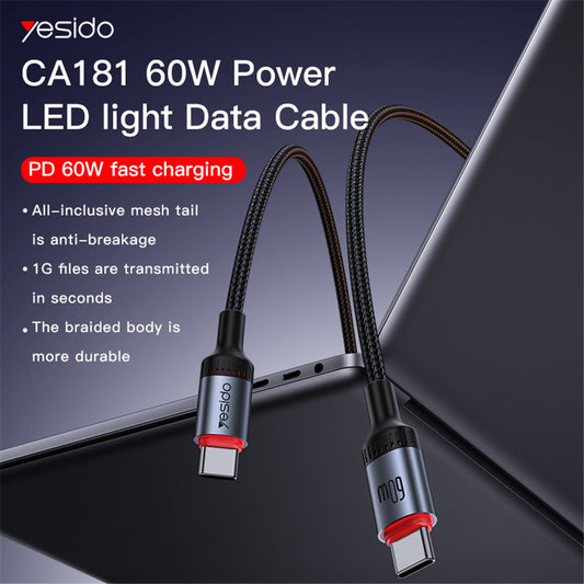 Datový a nabíjecí kabel USB-C - USB-C Yesido CA181, 60W, 1.2m, černý