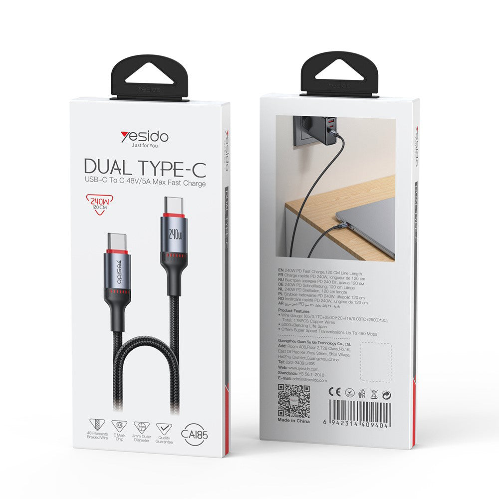 Datový a nabíjecí kabel USB-C - USB-C Yesido CA185, 240W, 1.2m, Černý