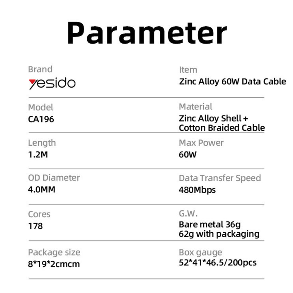 Datový a nabíjecí kabel USB-C - USB-C Yesido CA196, 60W, 1.2m, černý