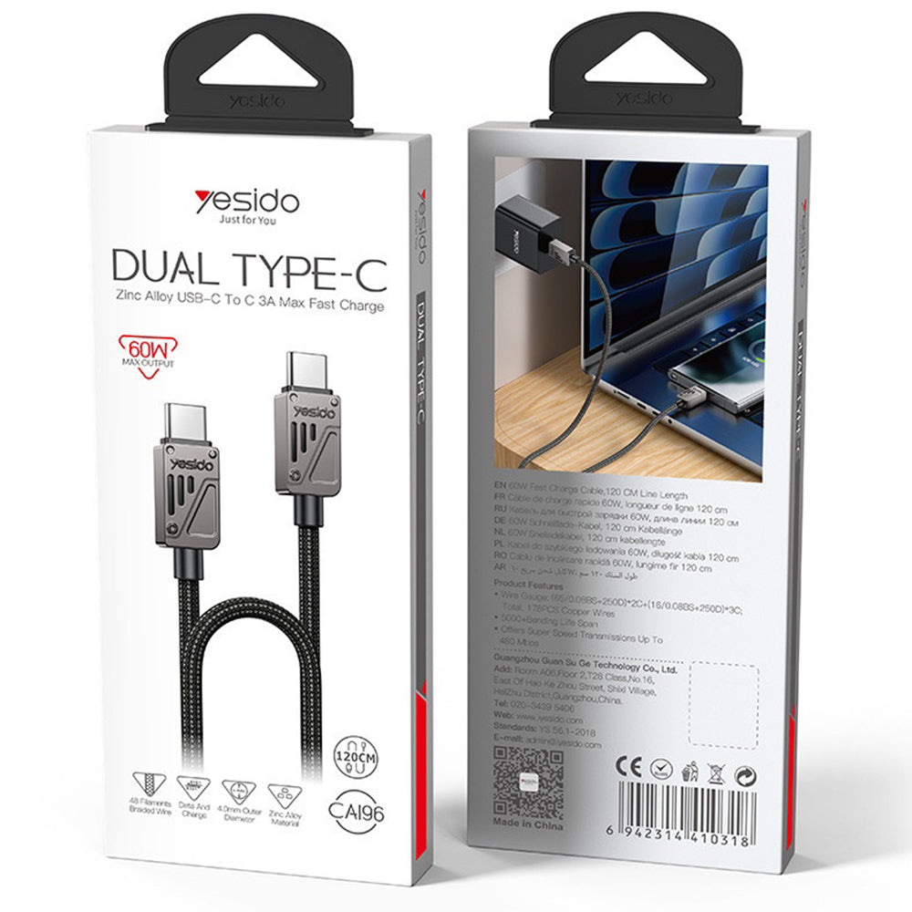Datový a nabíjecí kabel USB-C - USB-C Yesido CA196, 60W, 1.2m, černý