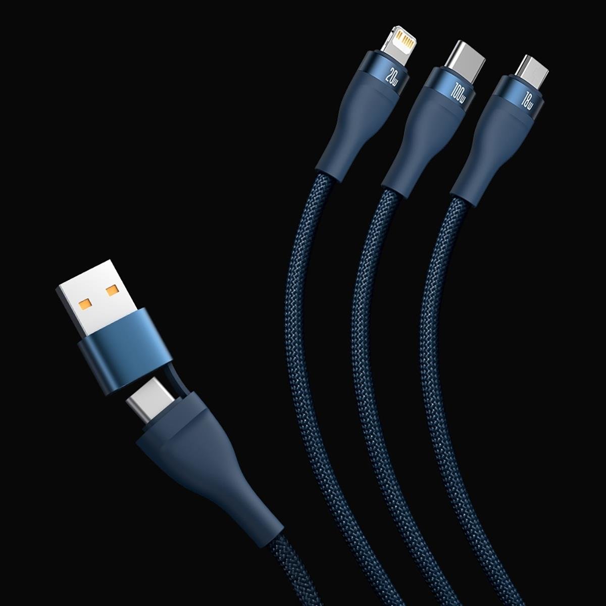 Nabíjecí kabel USB-C / USB-A - Lightning / microUSB / USB-C Baseus Flash Series II, 100W, 1,2 m, tmavě modrý CASS030103
