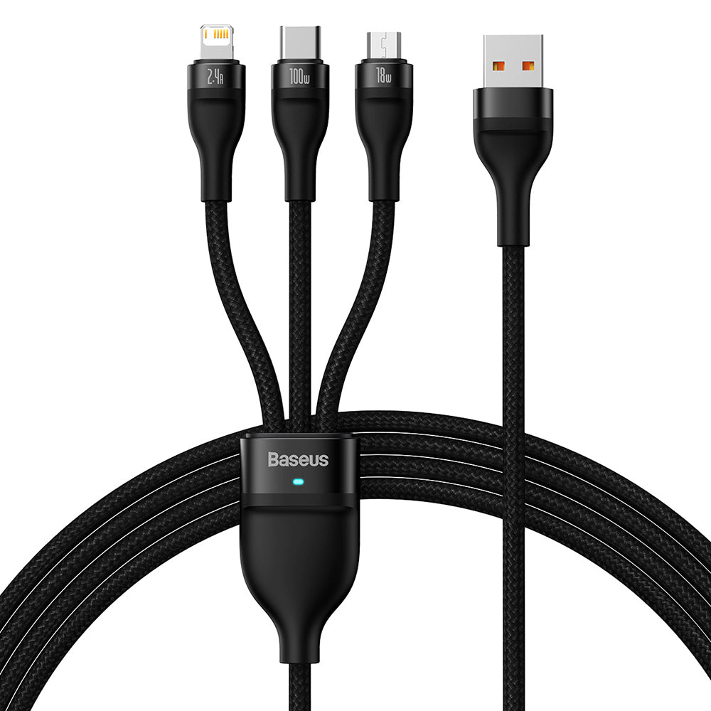 Nabíjecí kabel USB-A - Lightning / microUSB / USB-C Baseus Flash Series II 3v1, 100W, 1.2m, Černý CASS030001