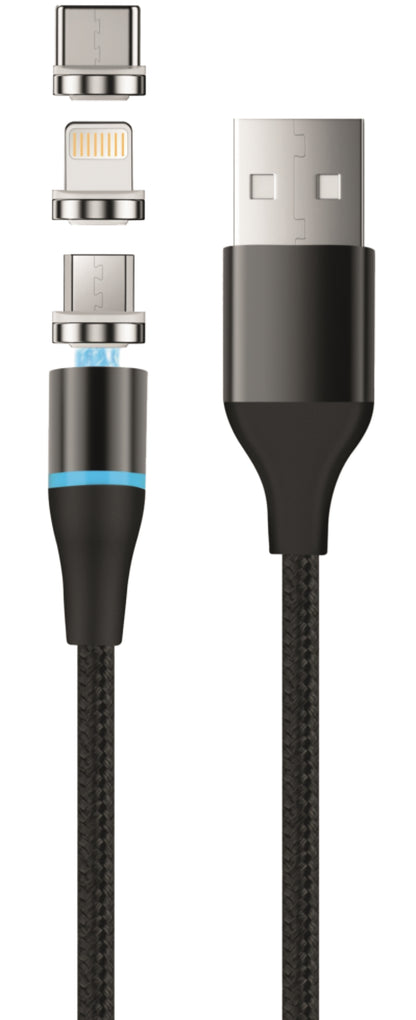 Nabíjecí kabel USB-A - Lightning / microUSB / USB-C Setty Magnetic DT 3in1, 12.5W, 1m, černý