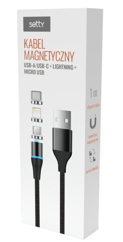 Nabíjecí kabel USB-A - Lightning / microUSB / USB-C Setty Magnetic DT 3in1, 12.5W, 1m, černý