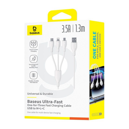 Nabíjecí kabel USB-A - Lightning / microUSB / USB-C Baseus Ultra Fast 3v1, 18W, 1,3 m, bílý P10376303211-00