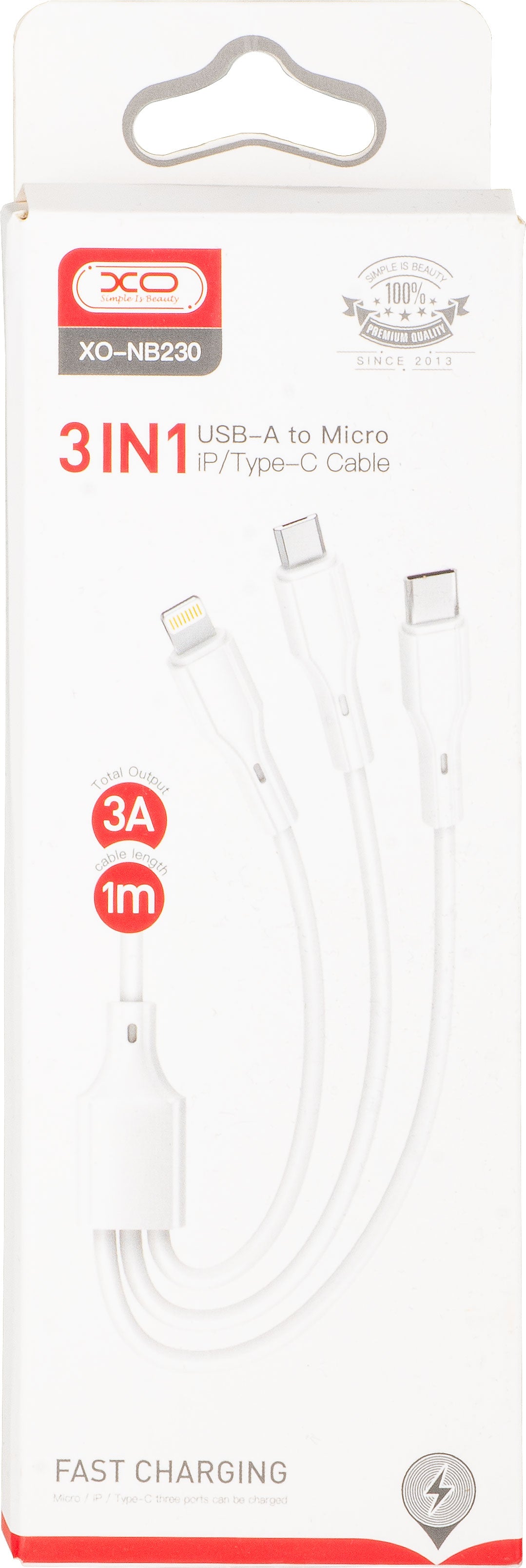 Nabíjecí kabel USB-A - Lightning / microUSB / USB-C XO Design NB230 3v1, 20W, 1m, Bílý