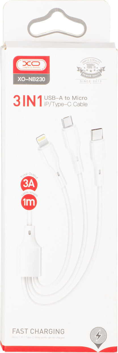 Nabíjecí kabel USB-A - Lightning / microUSB / USB-C XO Design NB230 3v1, 20W, 1m, Bílý