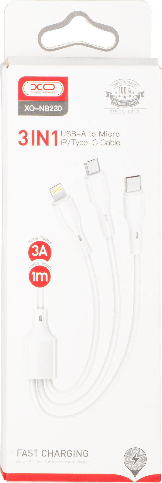 Nabíjecí kabel USB-A - Lightning / microUSB / USB-C XO Design NB230 3v1, 20W, 1m, Bílý