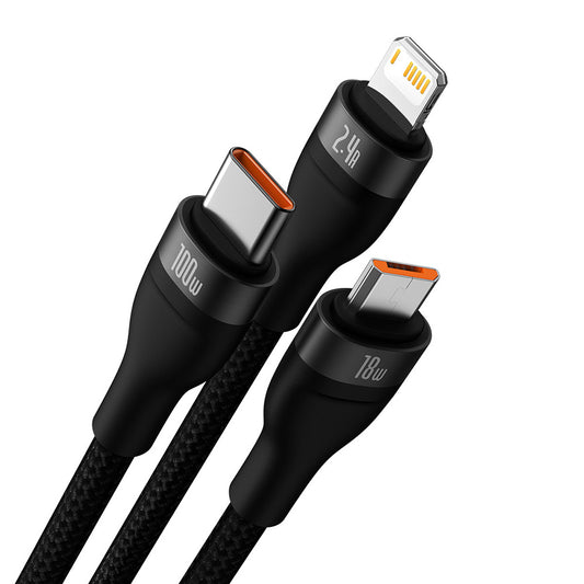 Nabíjecí kabel USB-A - Lightning / microUSB / USB-C Baseus Flash Series II 3v1, 100W, 1.2m, Černý CASS030001