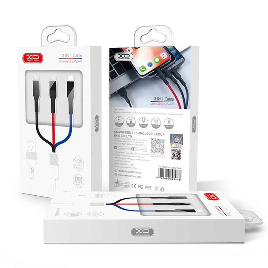 Nabíjecí kabel USB-A - Lightning / microUSB / USB-C XO Design NB54, 18W, 1.2m, Multicolor