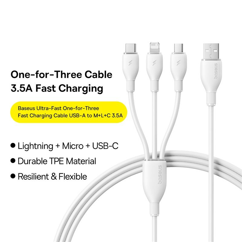 Nabíjecí kabel USB-A - Lightning / microUSB / USB-C Baseus Ultra Fast 3v1, 18W, 1,3 m, bílý P10376303211-00