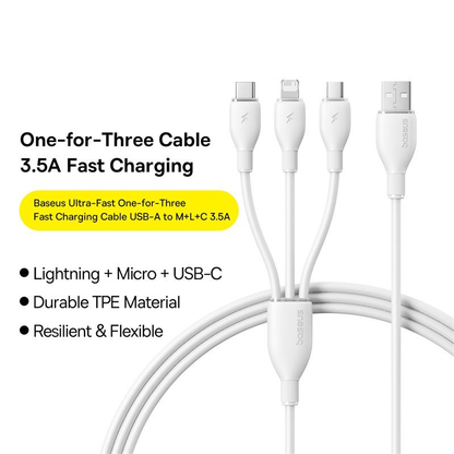 Nabíjecí kabel USB-A - Lightning / microUSB / USB-C Baseus Ultra Fast 3v1, 18W, 1,3 m, bílý P10376303211-00