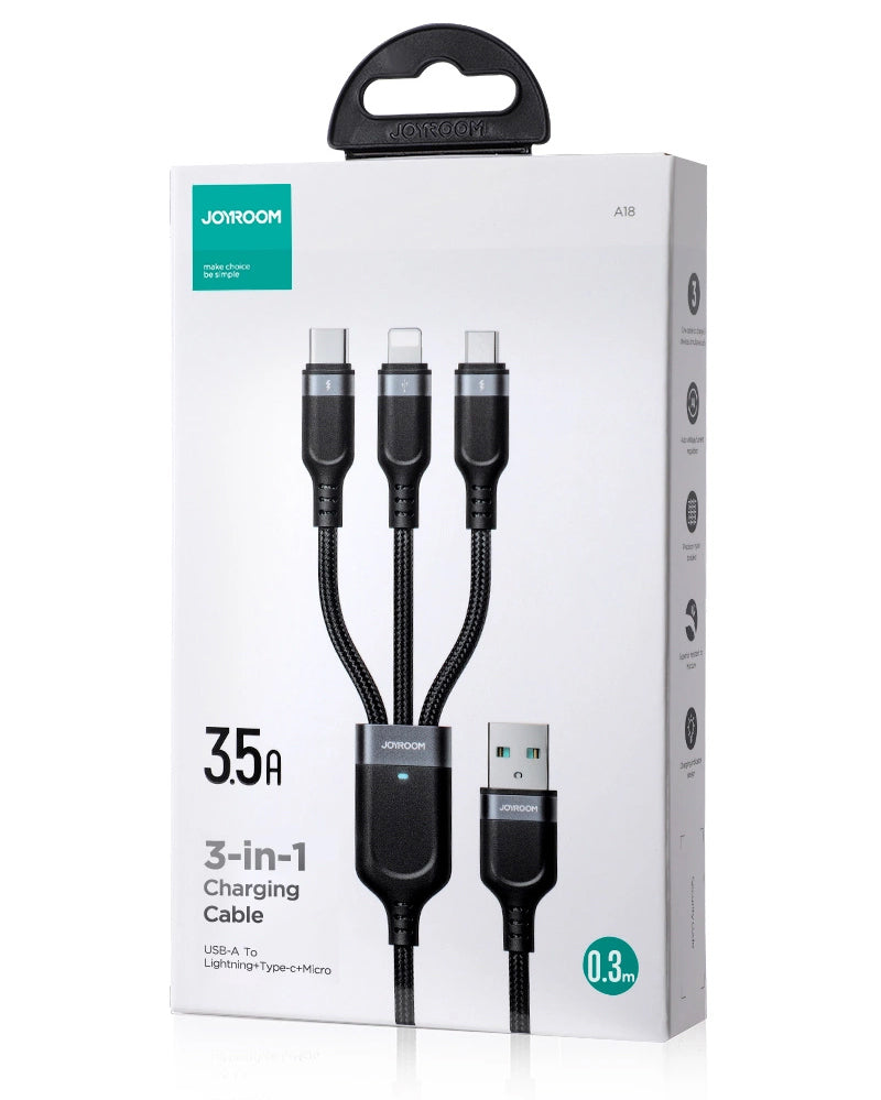 Nabíjecí kabel USB-A - Lightning / microUSB / USB-C Joyroom S-A18 3v1, 20W, 0.3m, Černý