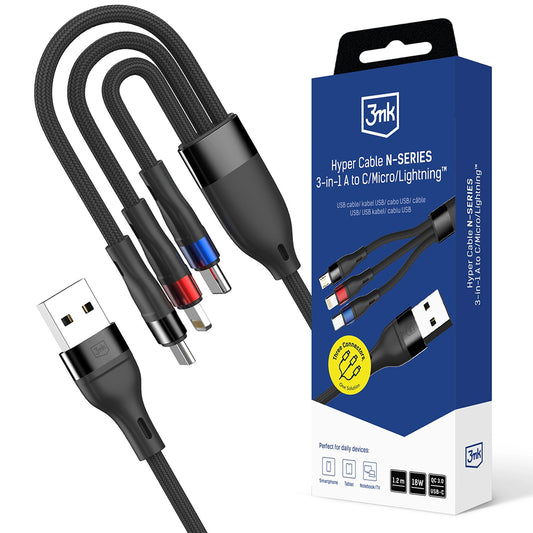 Nabíjecí kabel USB-A - Lightning / microUSB / USB-C 3MK Hyper N, 18W, 1.2m, černý