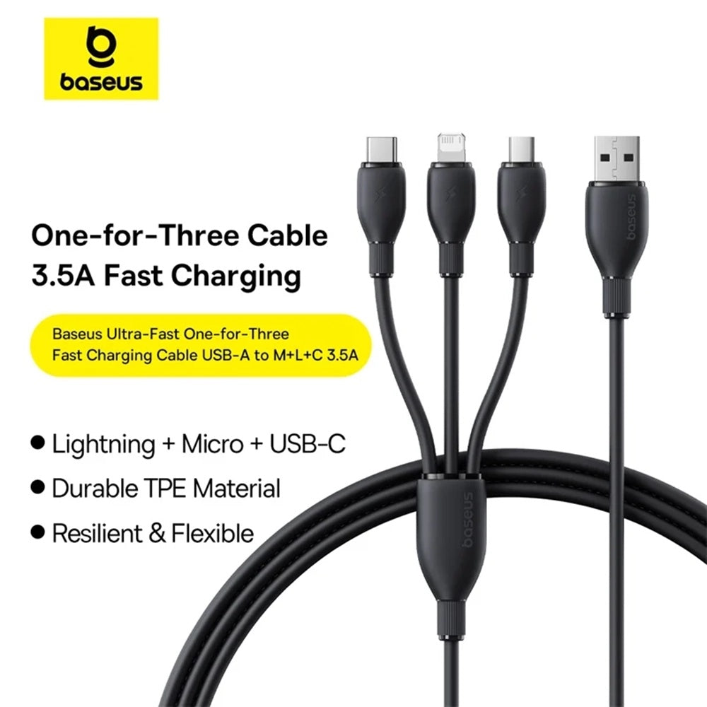 Nabíjecí kabel USB-A - Lightning / microUSB / USB-C Baseus Ultra Fast 3v1, 18W, 1.3m, Černý P10376303121-00