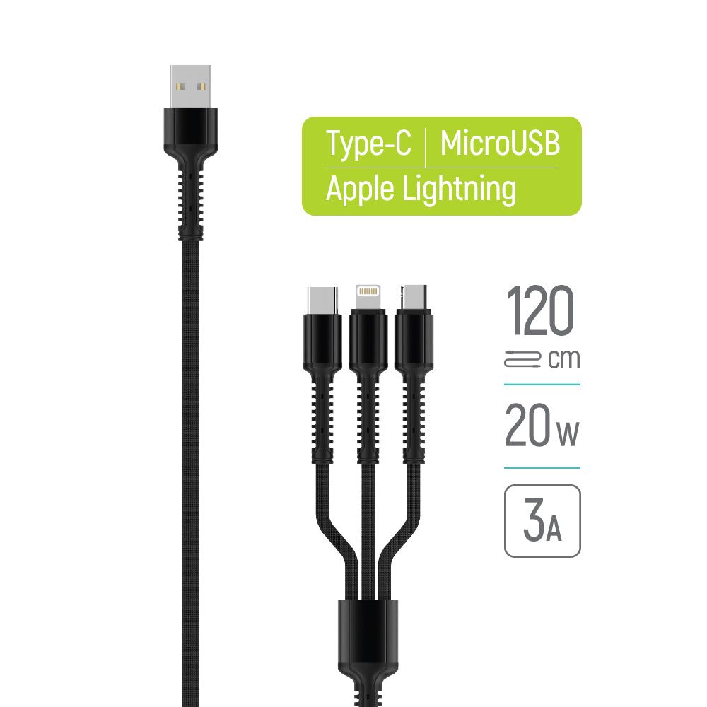 Nabíjecí kabel USB-A - Lightning / microUSB / USB-C ColorWay CW-CBU3003, 20W, 1.2m, šedý