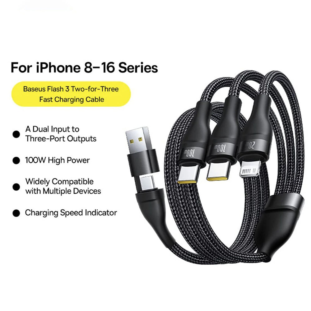 Nabíjecí kabel USB-A / USB-C - Lightning / 2 x USB-C Baseus Flash Series III 3v1, 100W, 1.5m, Černý P10377800U01-00
