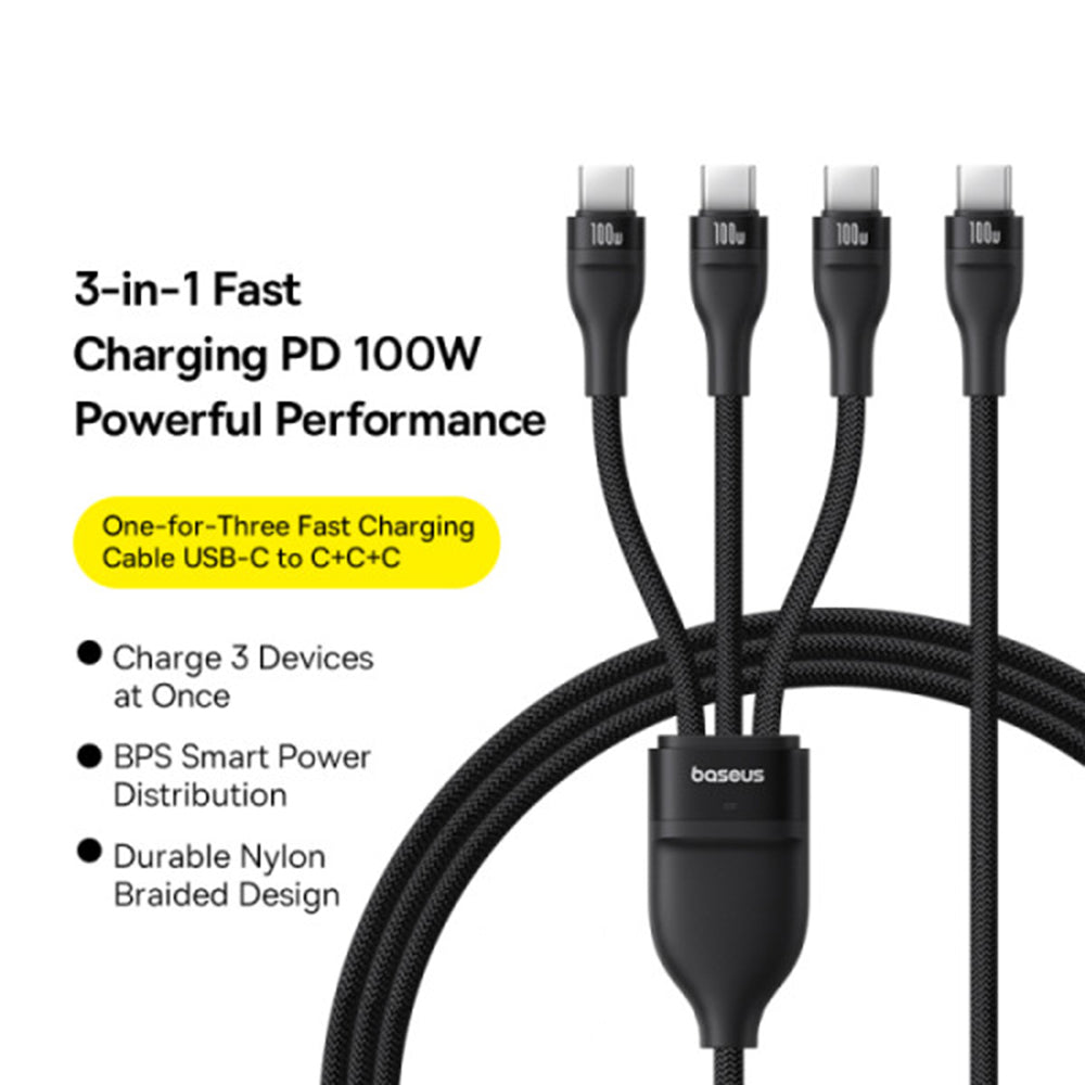 Nabíjecí kabel USB-C - 3 x USB-C Baseus Flash Series III 3v1, 100W, 1.5m, Černý P10377503111-00