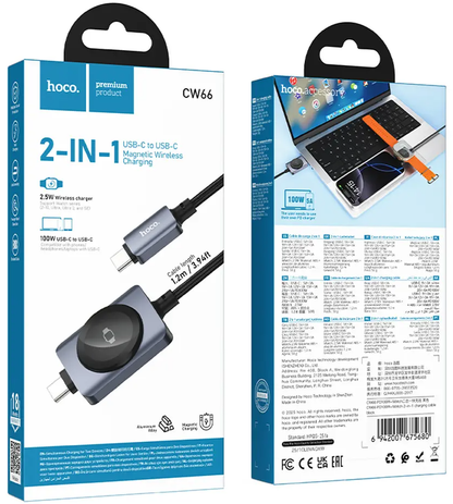 USB-C Nabíjecí Kabel - USB-C HOCO CW66 2v1, 100W, 1,2m, Černá